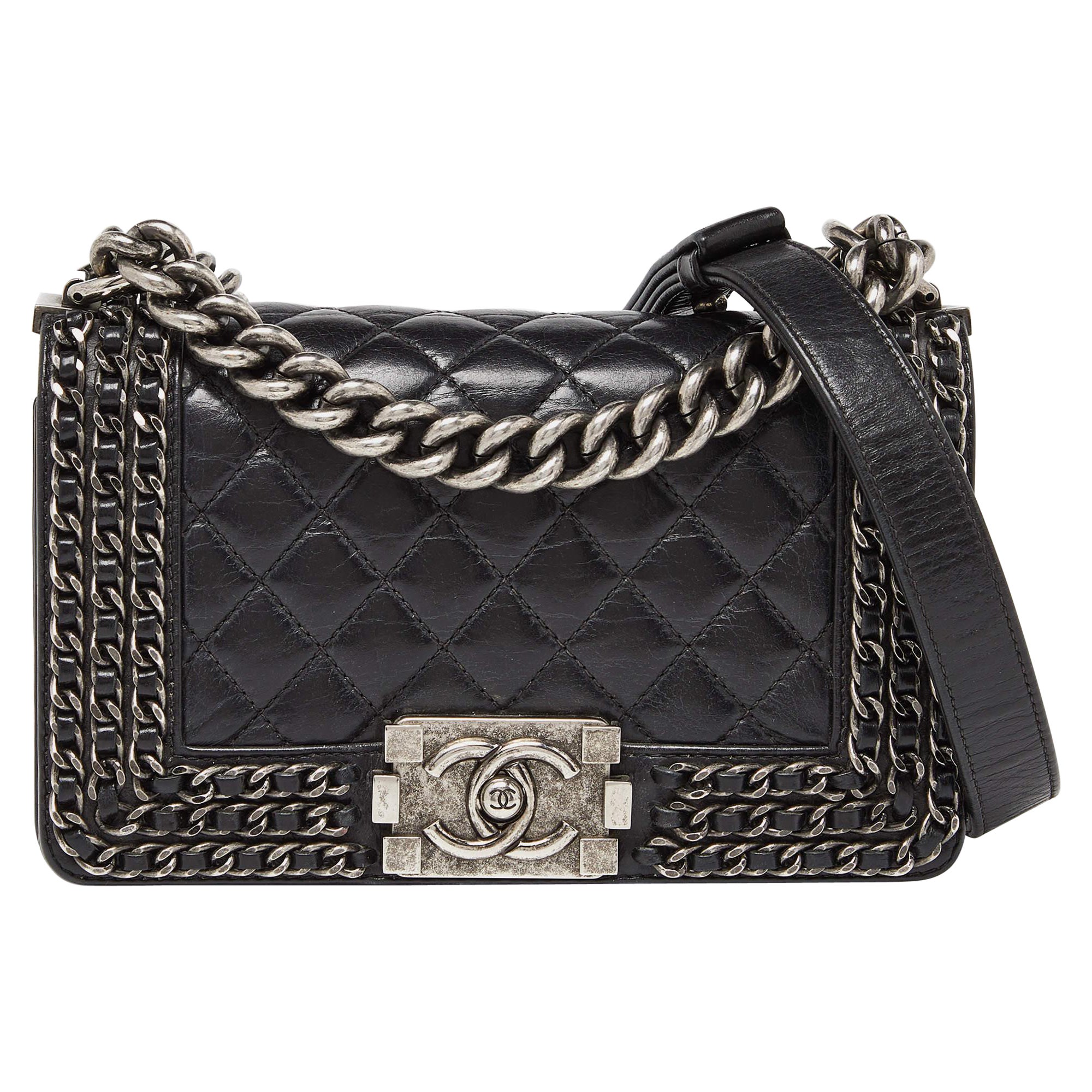 Chanel Black Quilted Leather Small Boy Chained Flap Bag For Sale