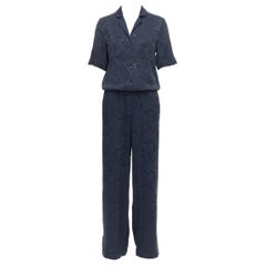 CEFINN Spencer navy camouflage jacquard satin cropped wide jumpsuit UK6 XS