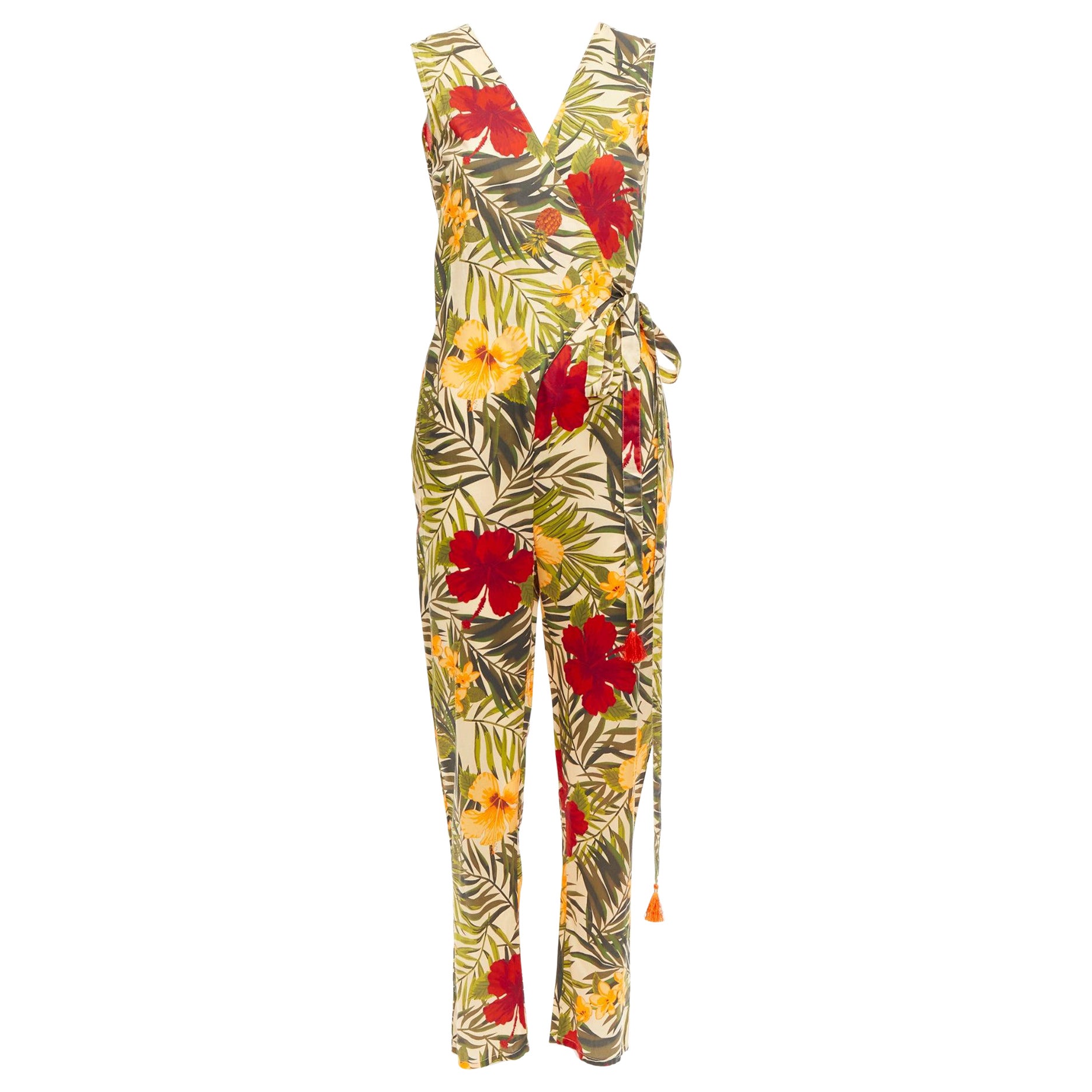 MIGUELINA red yellow green tropical floral print wrap jumpsuit XS For Sale