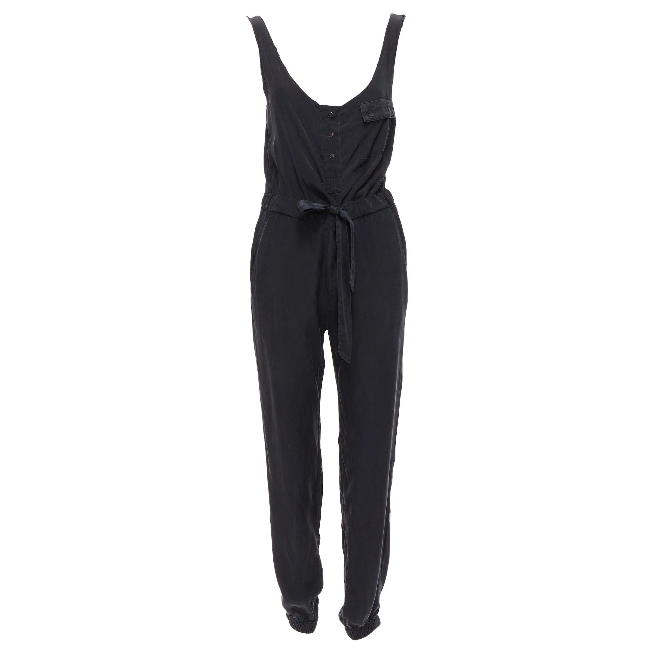 RAG & BONE 100% charmeuse silk charcoal grey belted jumpsuit US0 XS For Sale