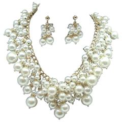 Signed Anka Massive Gold Tone Faux Pearl Bib Necklace 
Clip Earring Set