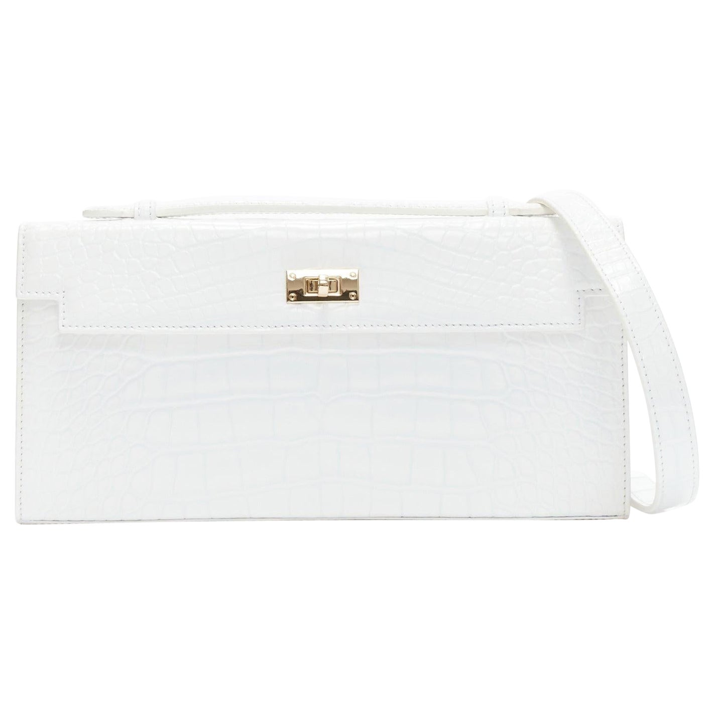 FERIDA YANG Bespoke white matte scaled leather gold buckle long flap clutch For Sale