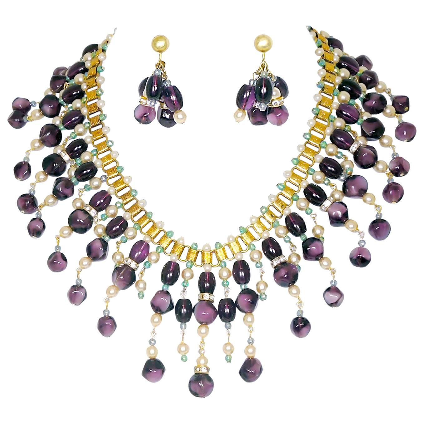 Vintage Anka Faux Pearl & Purple Glass Bead Necklace & Earring Set