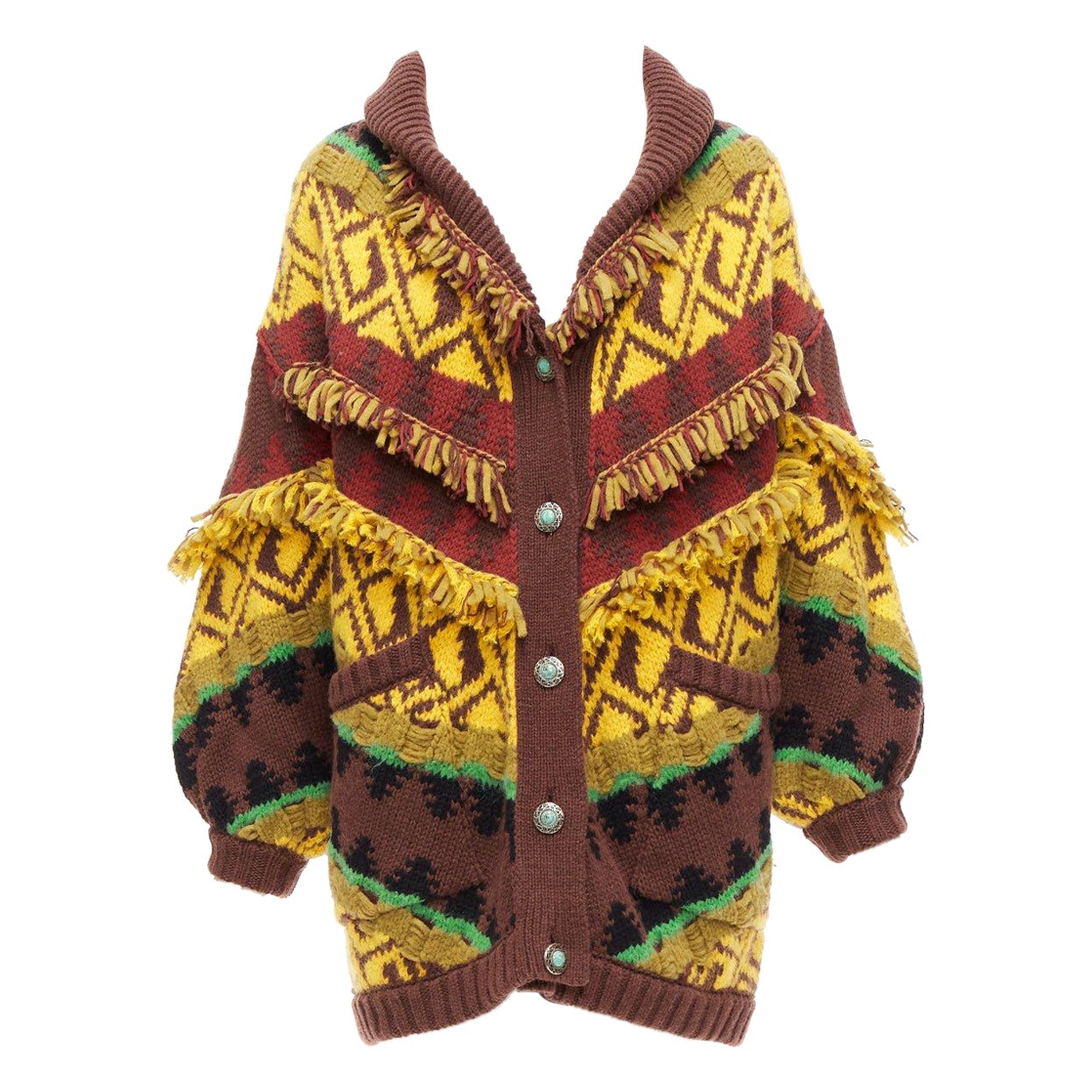 ETRO colourful wool blend fringe trimmed jacquard buttoned cardigan IT38 XS For Sale