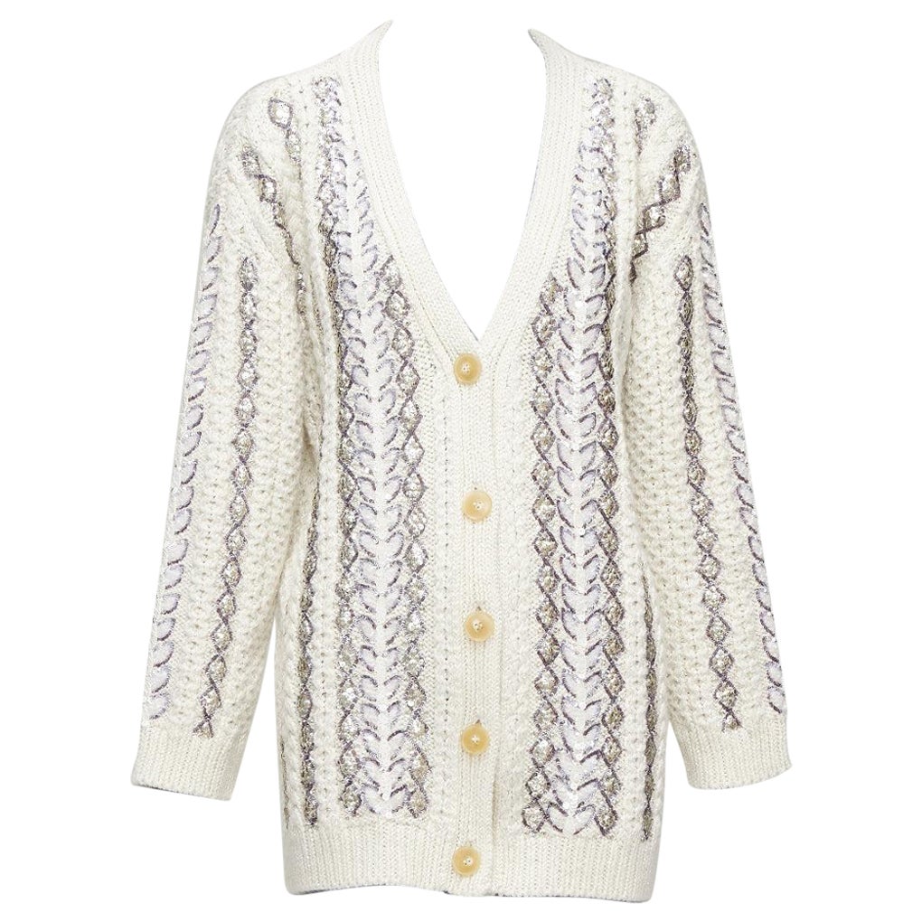 VALENTINO 2023 cream silver wool sequin logo embellished cardigan IT36 S For Sale
