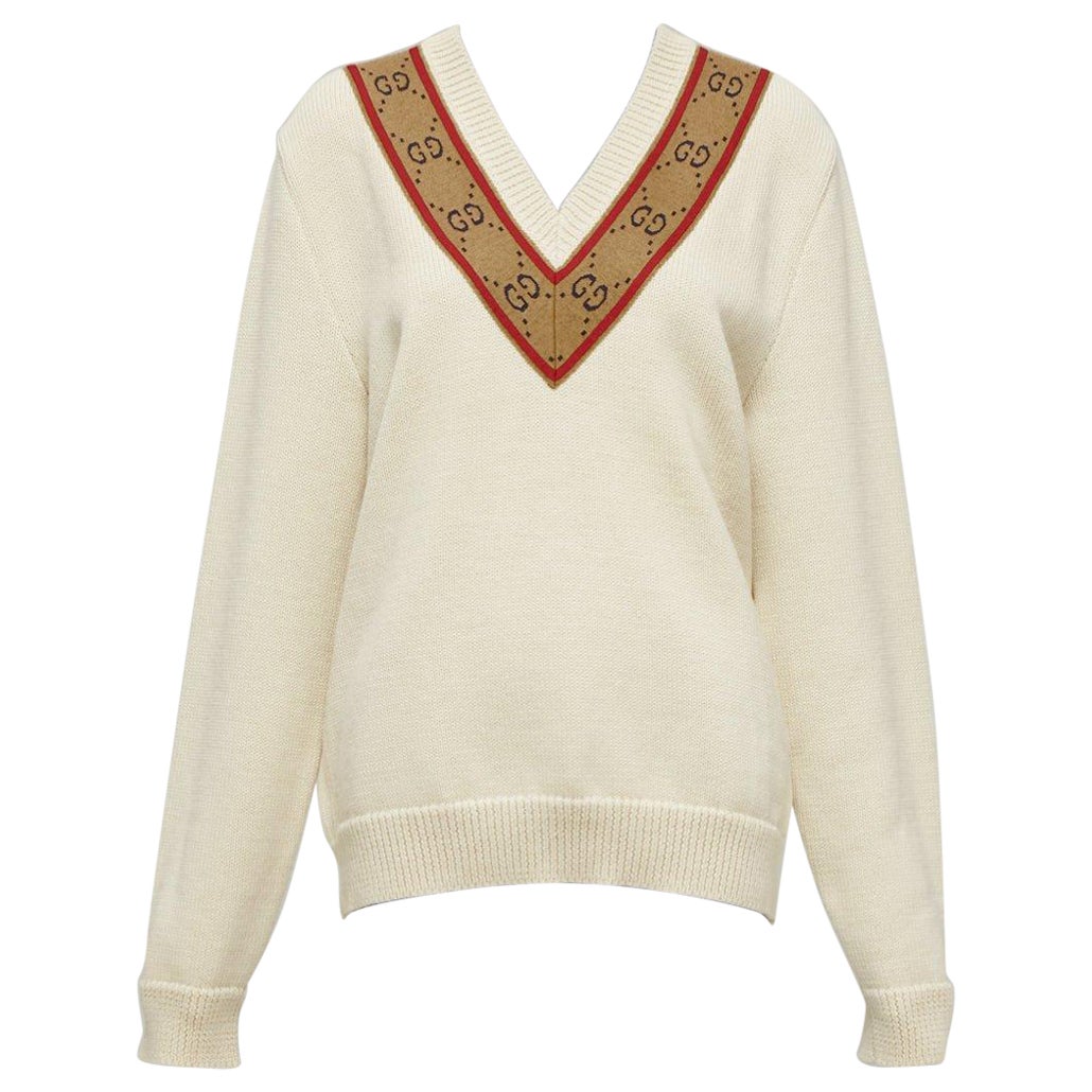 GUCCI 100% Wolle Creme Vintage GG Monogramm V-Ausschnitt Varsity Pullover S im Angebot