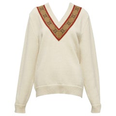 GUCCI 100% Wolle Creme Vintage GG Monogramm V-Ausschnitt Varsity Pullover S
