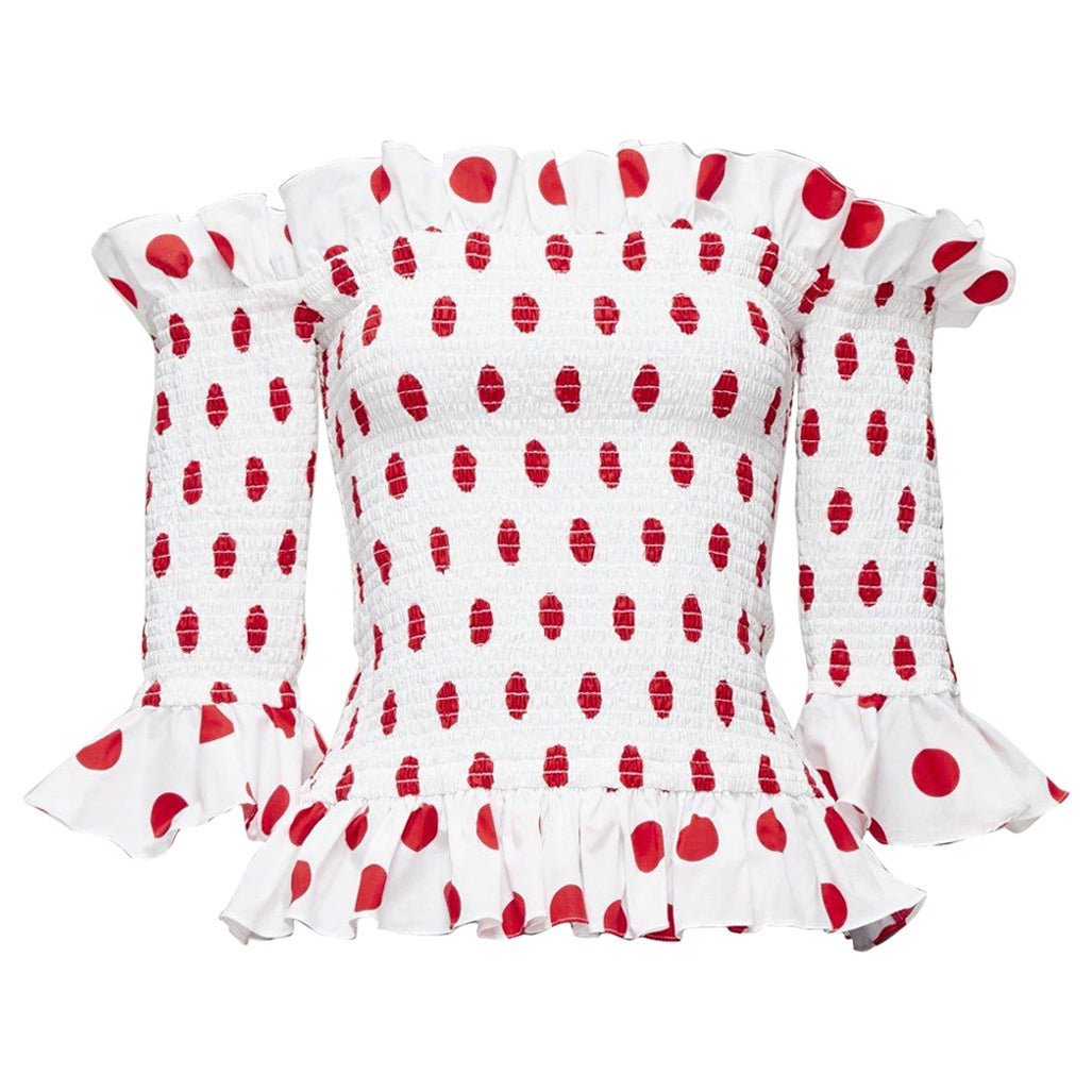 CAROLINE CONSTAS white red polka dot cotton ruffle ruched top XS For Sale