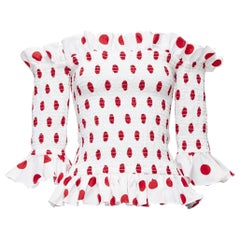 CAROLINE CONSTAS white red polka dot cotton ruffle ruched top XS