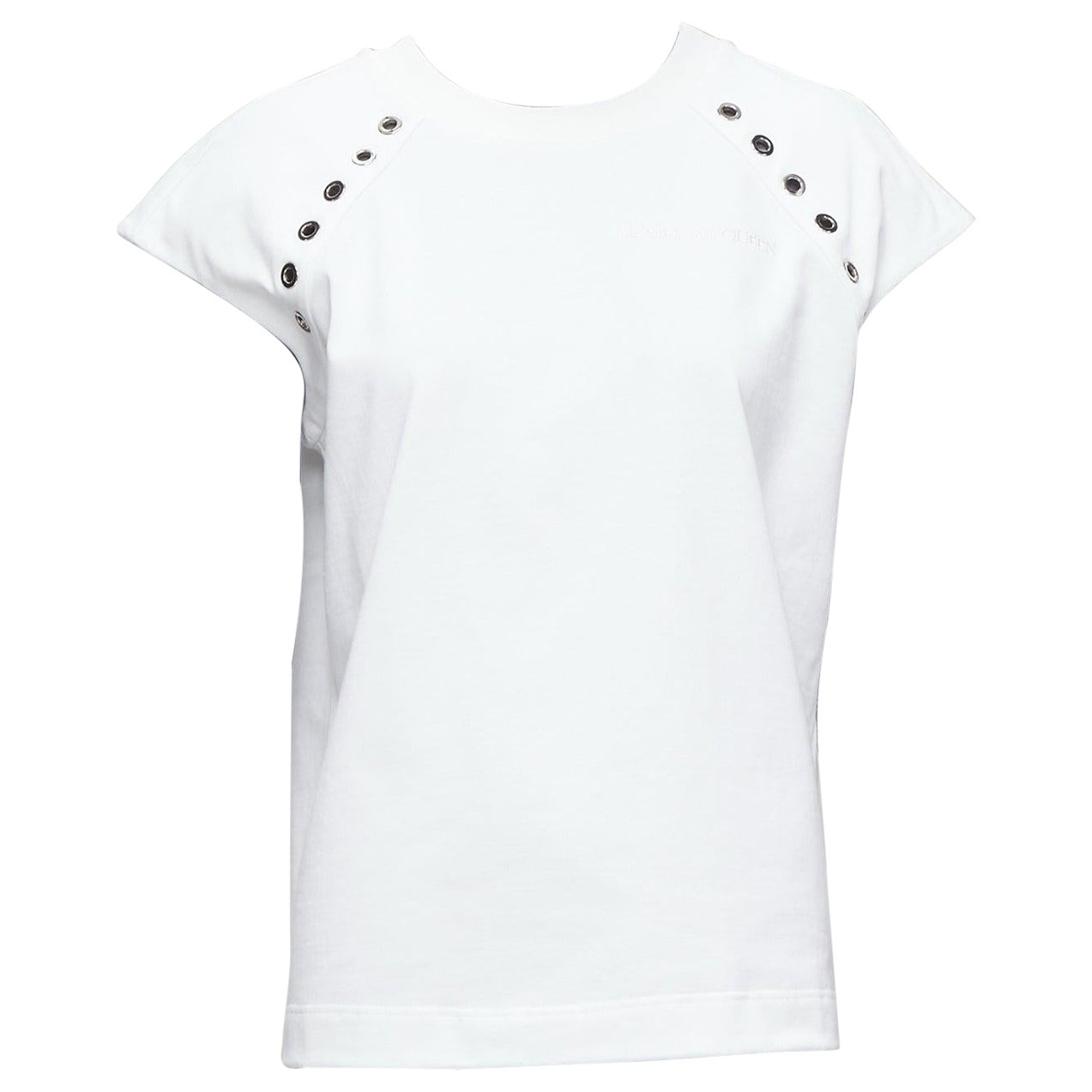 ALEXANDER MCQUEEN white cotton eyelet detail  studded cap sleeve top  IT38 XS For Sale