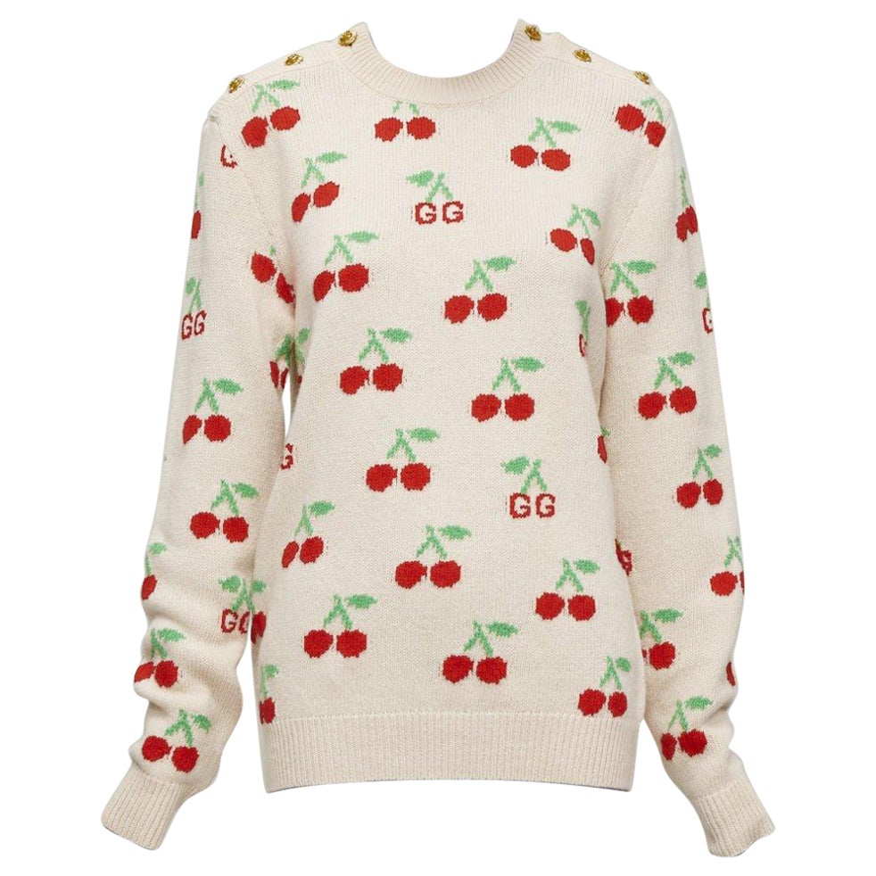 GUCCI 2023 beige red GG logo Cherries crew long sleeves sweater XS For Sale