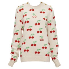 Used GUCCI 2023 beige red GG logo Cherries crew long sleeves sweater XS