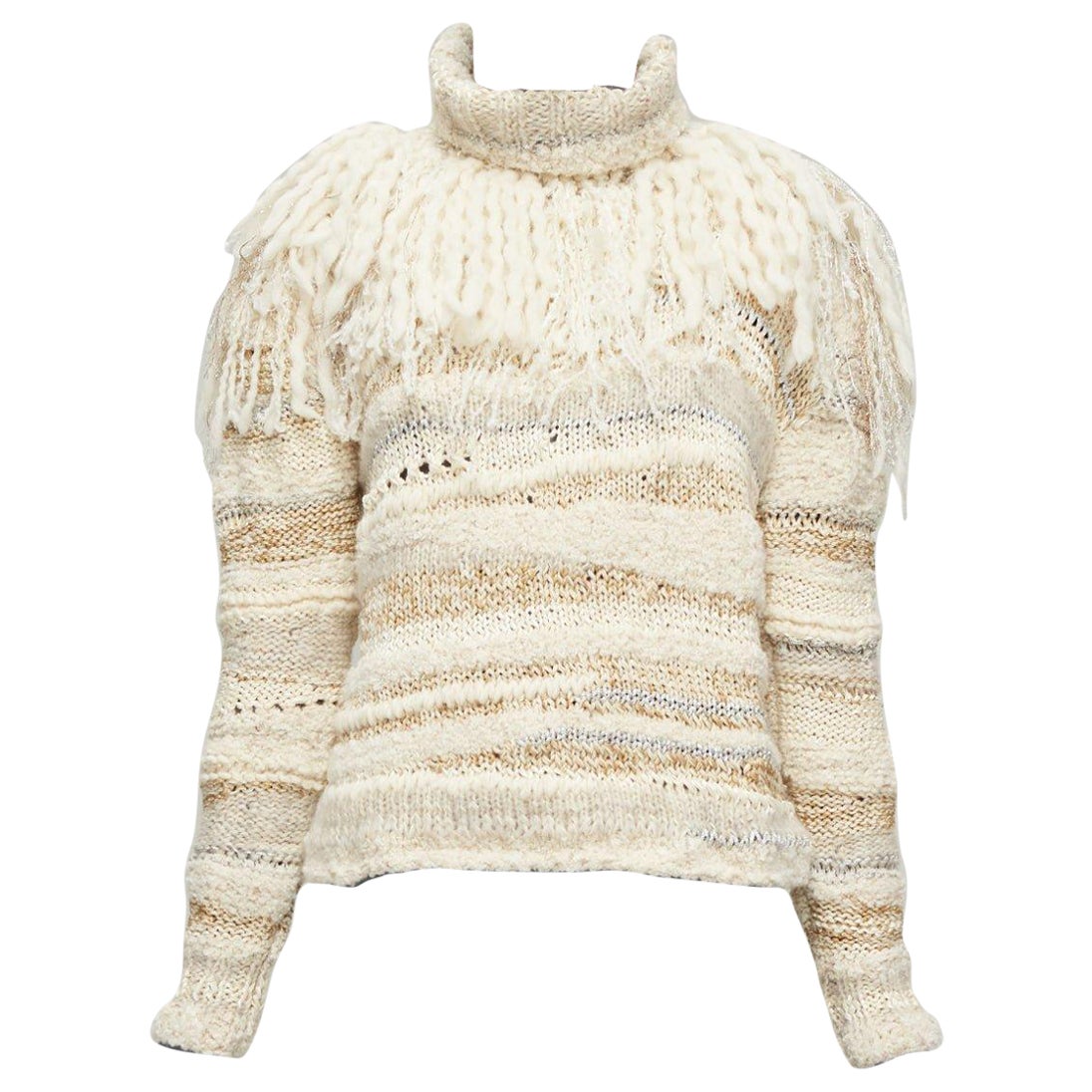 PRABAL GURUNG cream gold wool silk blend ethnic fringe crochet sweater XS For Sale