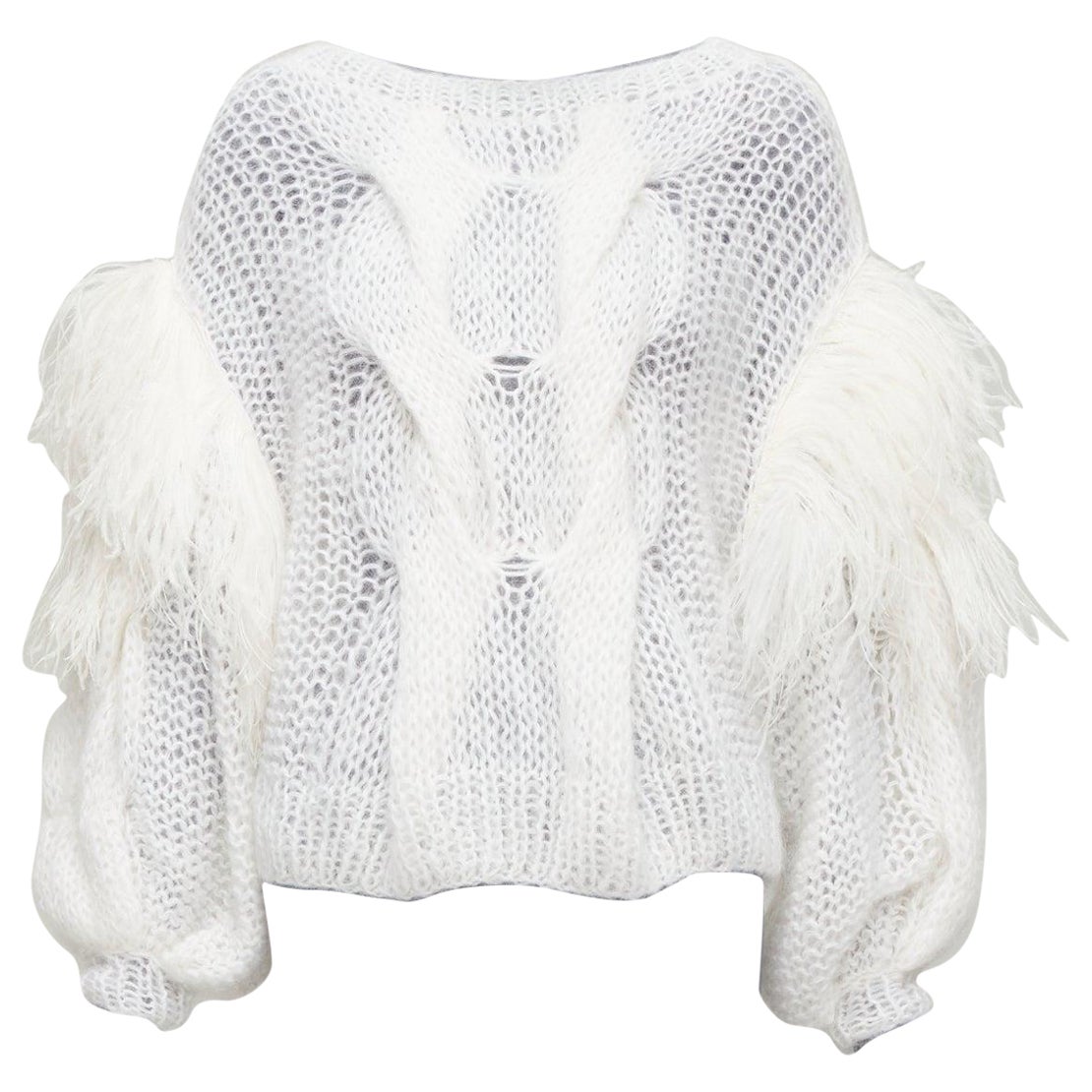 LOEWE white ostrich feather trim mohair loose cable knit jumper XS For Sale