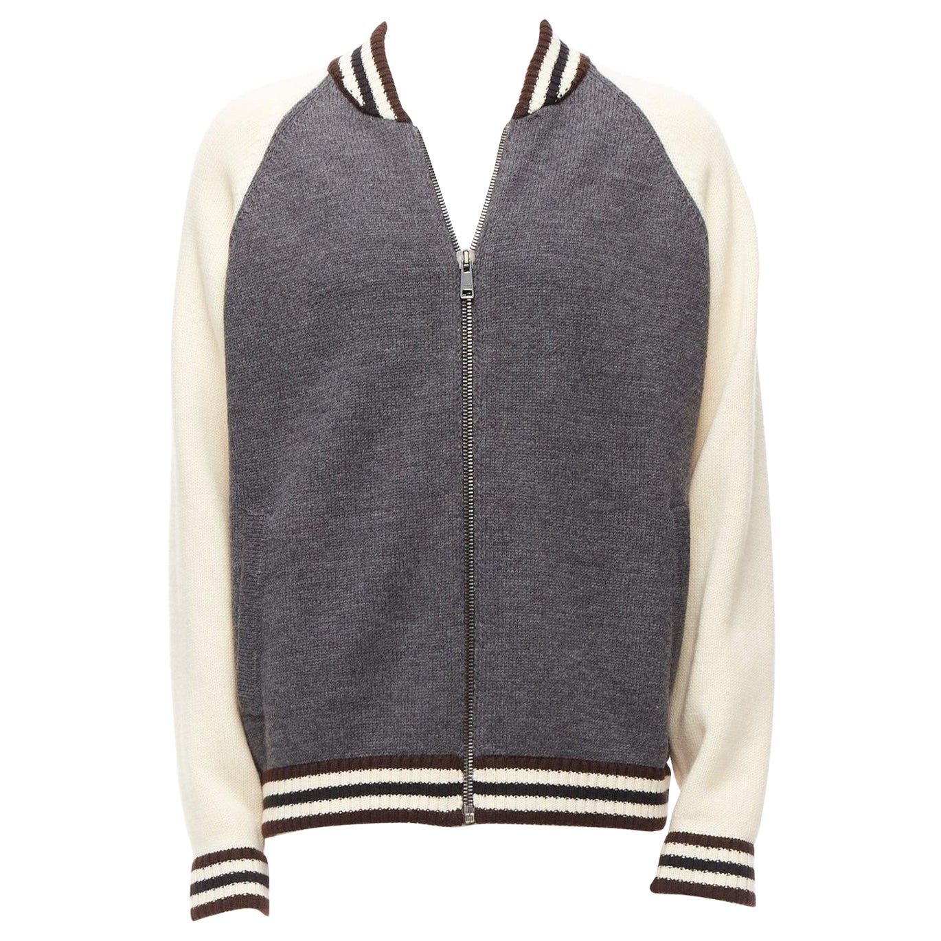 PRADA 2014 100% wool knit cream grey raglan varsity bomber jacket IT50 L For Sale