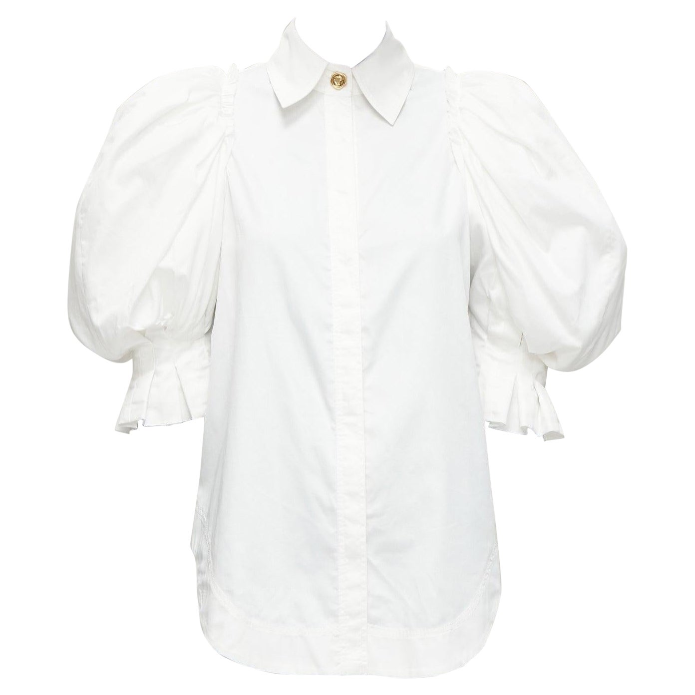 AJE white cotton puff shoulder gold button rounded hem shirt AU6 XS For Sale