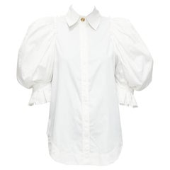 AJE white cotton puff shoulder gold button rounded hem shirt AU6 XS