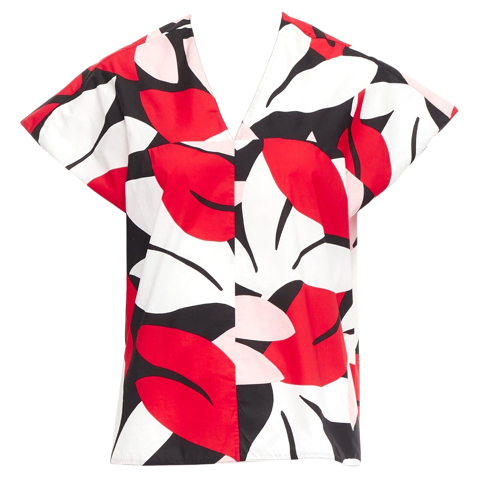 MARNI red black white 100% cotton geometric print cap sleeve boxy top IT38 XS For Sale