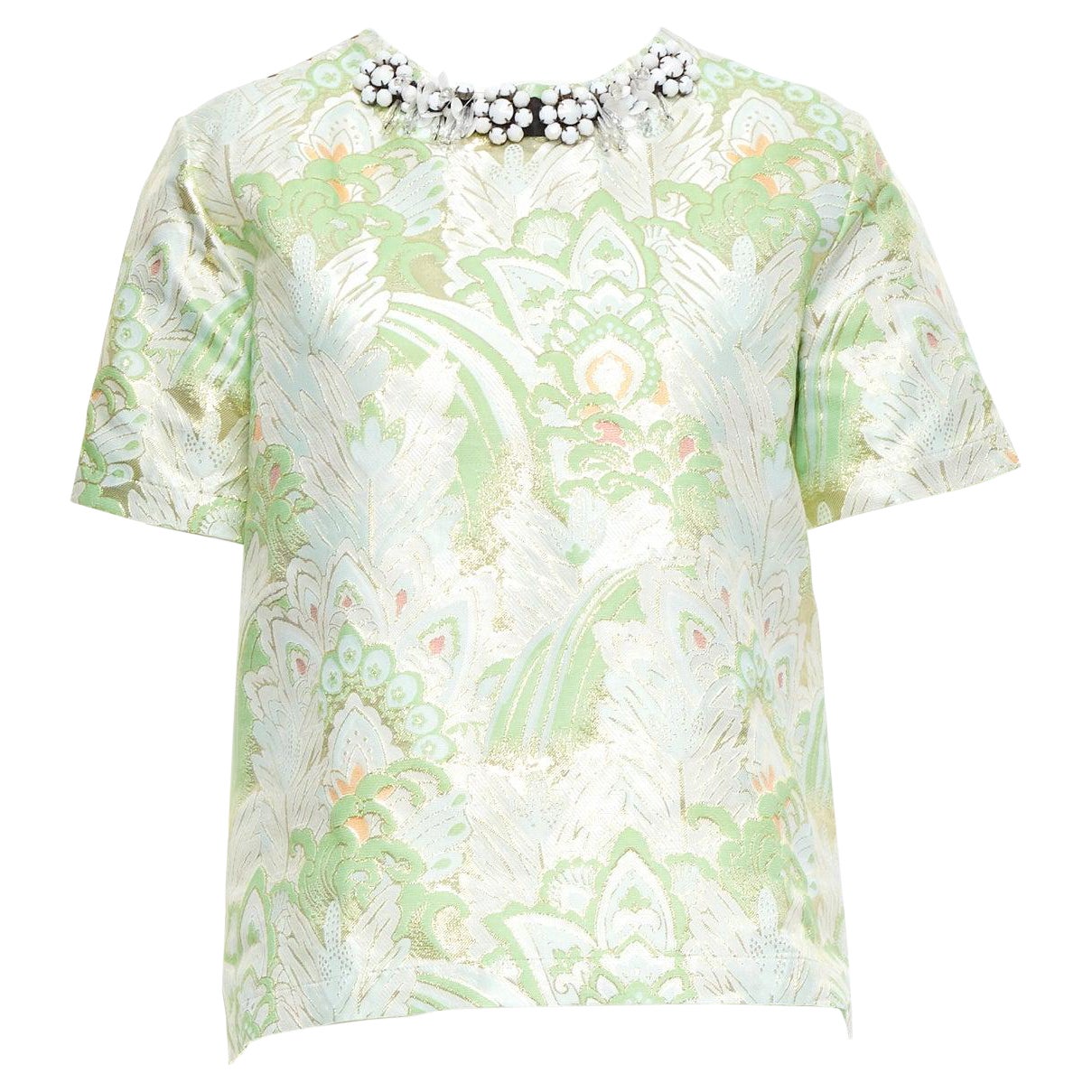 MARNI 2012 green paisley jacquard bead embellished collar boxy top IT38 XS For Sale