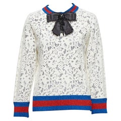 GUCCI cream floral lace black bow stripe blue red web crew sweater XS