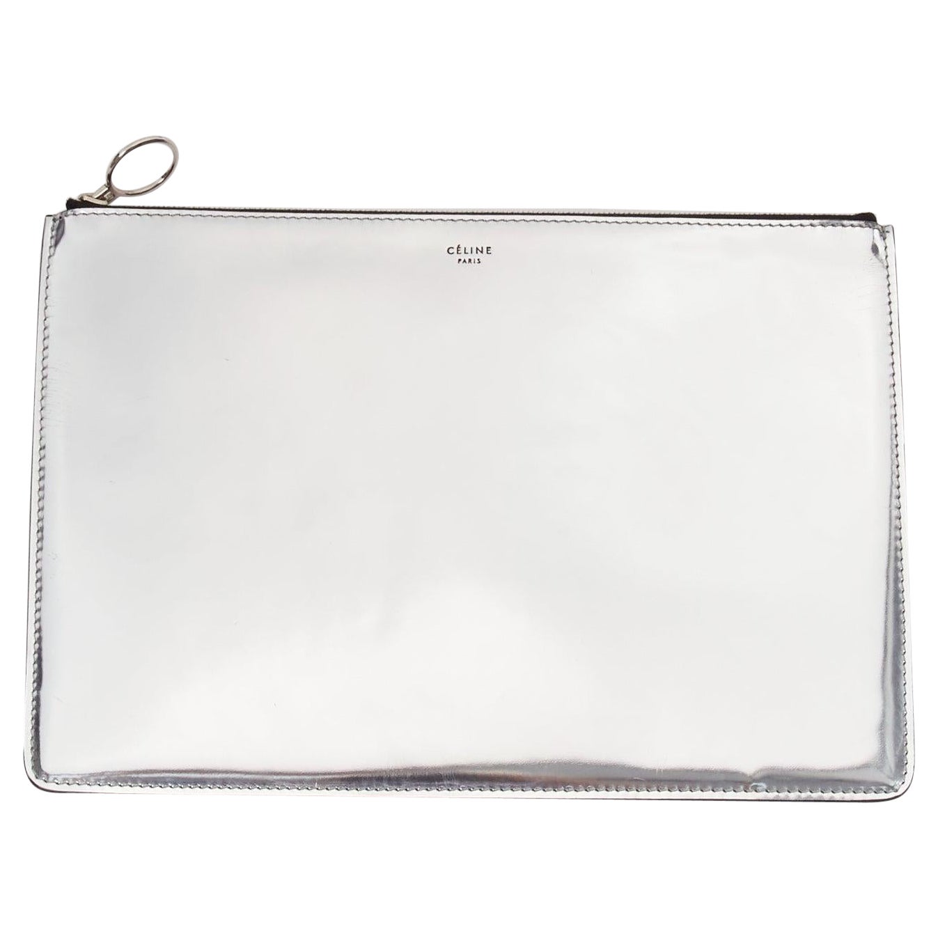 CELINE silver mirrored leather flat O ring zip pouch clutch bag