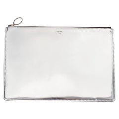 CELINE silver mirrored leather flat O ring zip pouch clutch bag