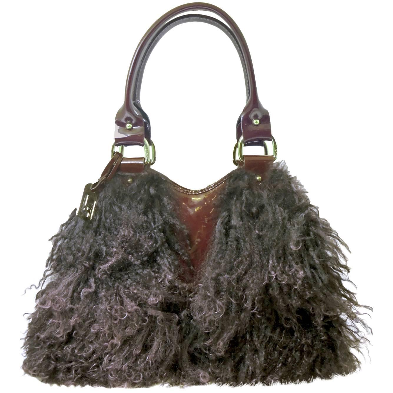 Vintage Fendi Couture Lambs Wool Burgundy Patent Leather Bag 