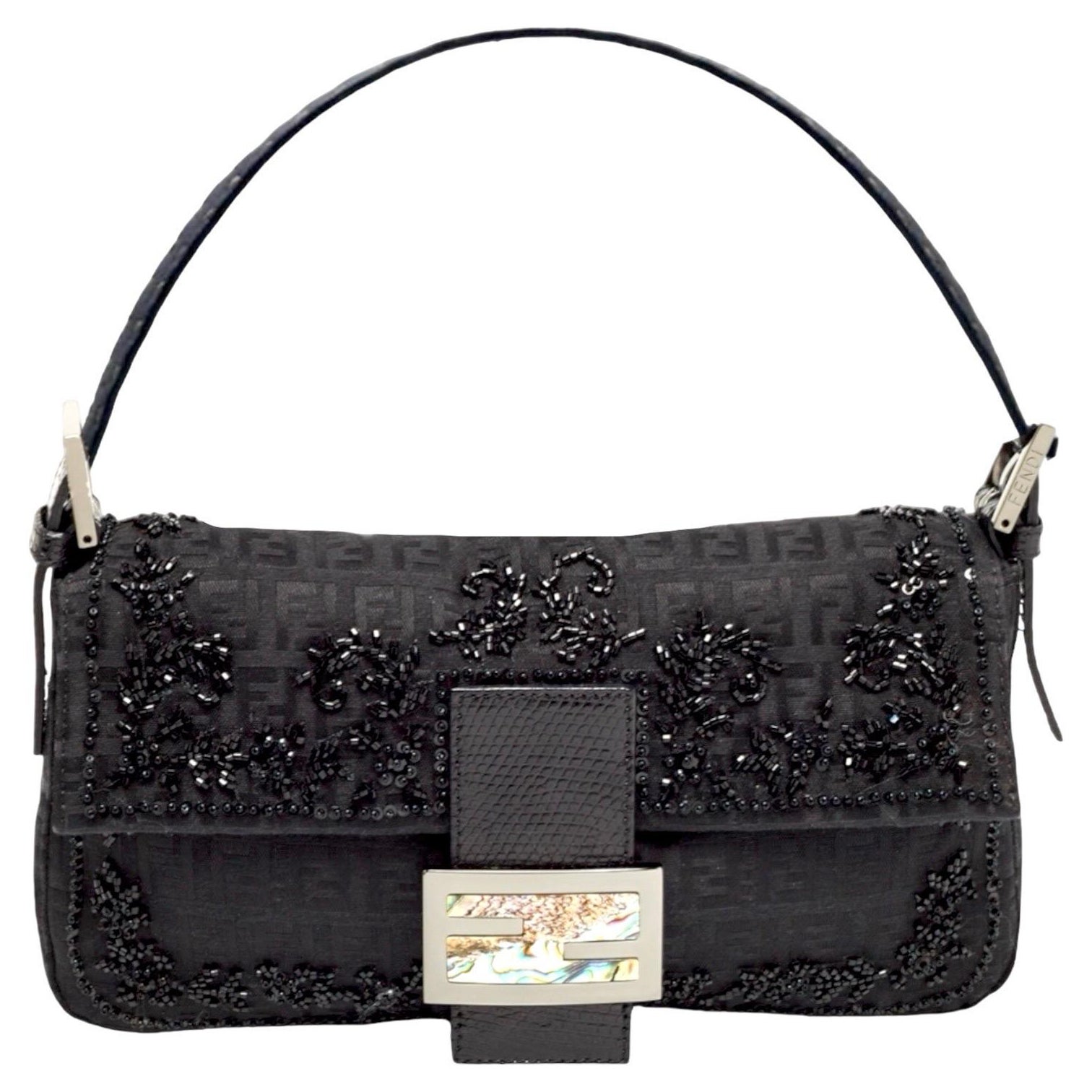 UNWORN Fendi Y2K Exotic Black FF Logo Zucchino Abalone Embroidered Baguette Bag For Sale