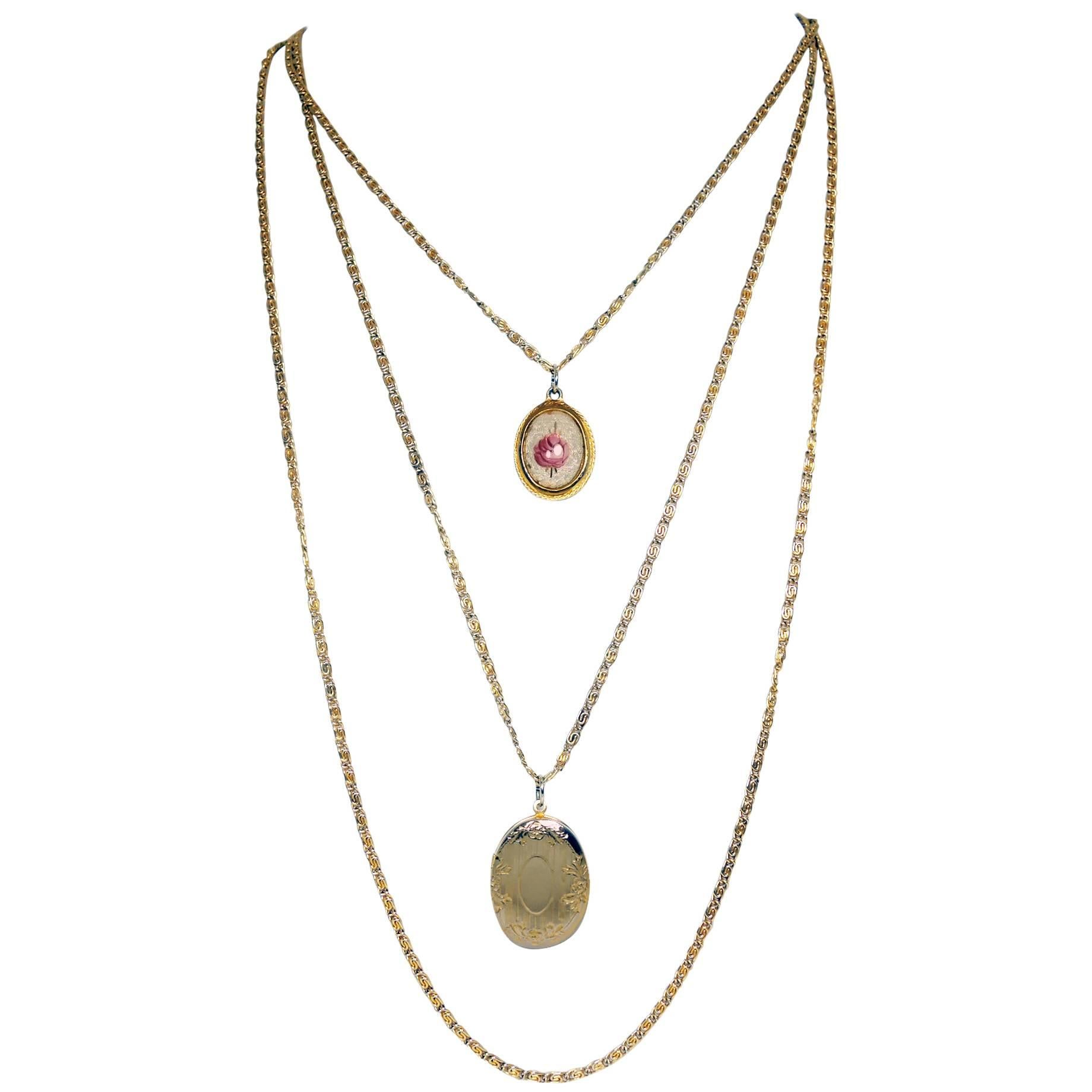 Vintage Goldette Floral Enamel Pendant & Locket Necklace 