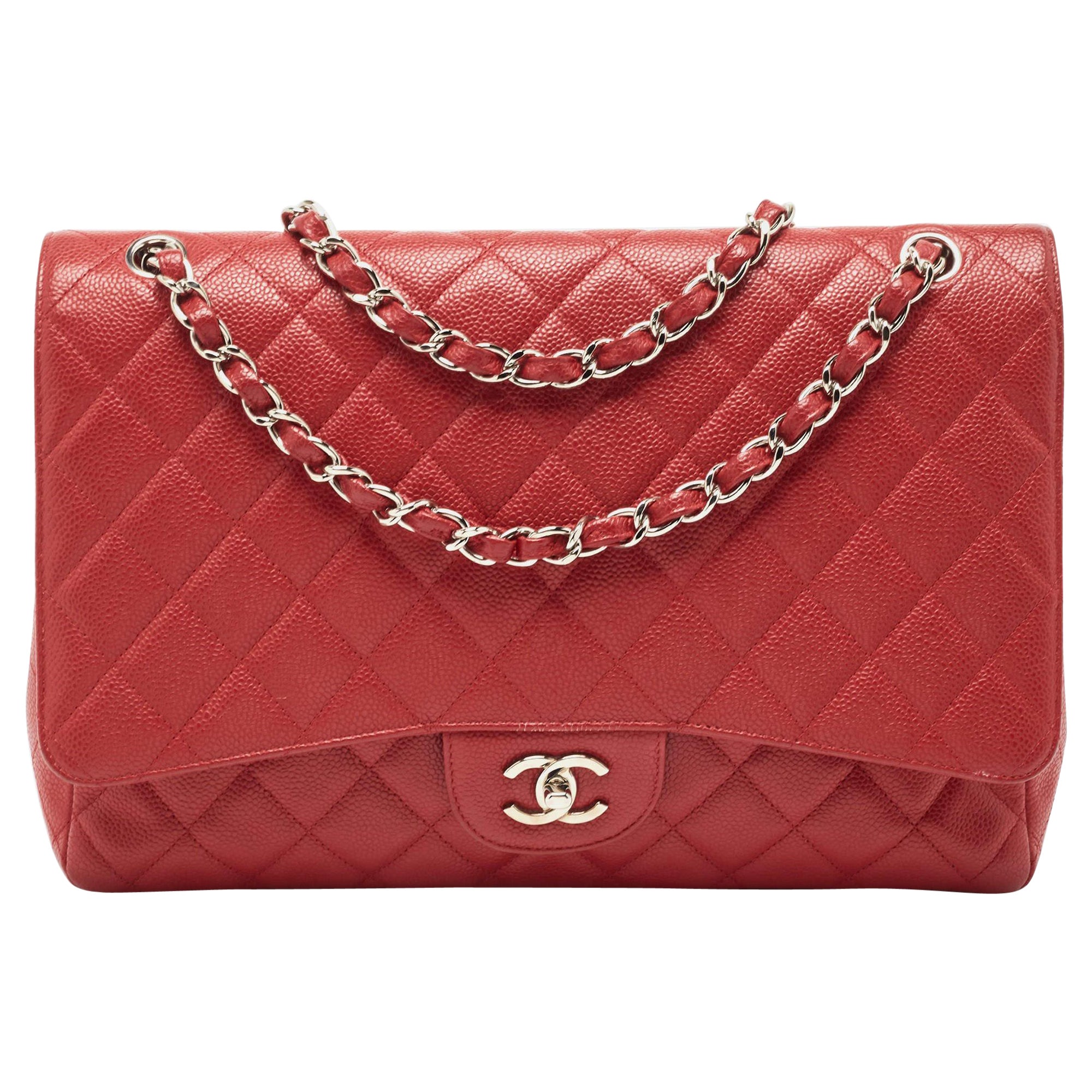 Chanel Red Caviar Leather Maxi Classic Double Flap Bag For Sale