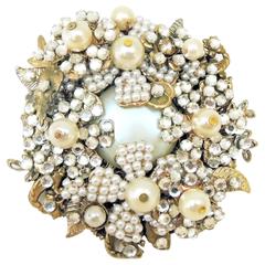 Vintage Signed Miriam Haskell Faux Pearl Floral Brooch