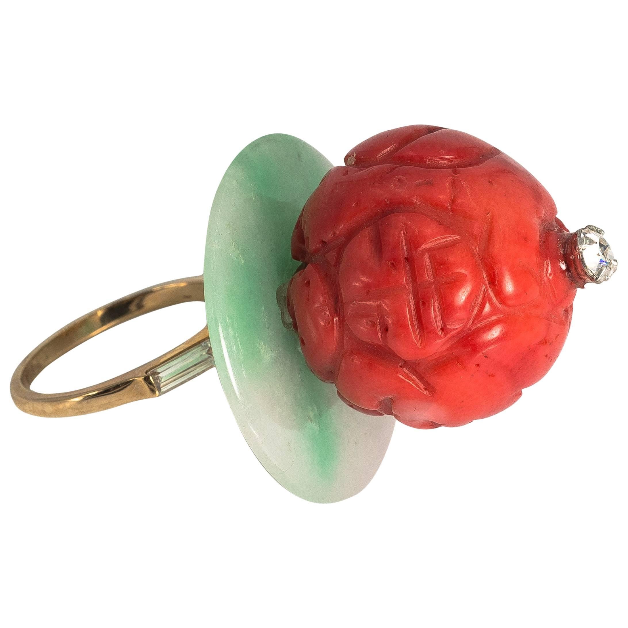 Chic Art Deco Style Faux Coral Jade Ring