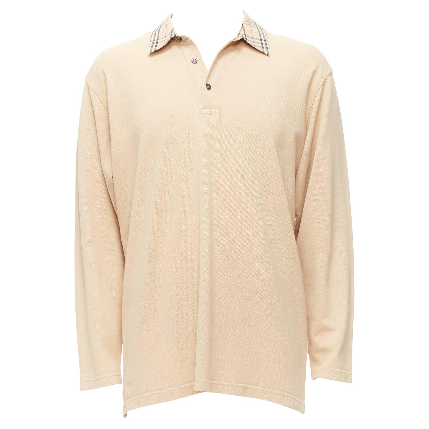 BURBERRY LONDON beige House Check collar relaxed long sleeve polo shirt L For Sale