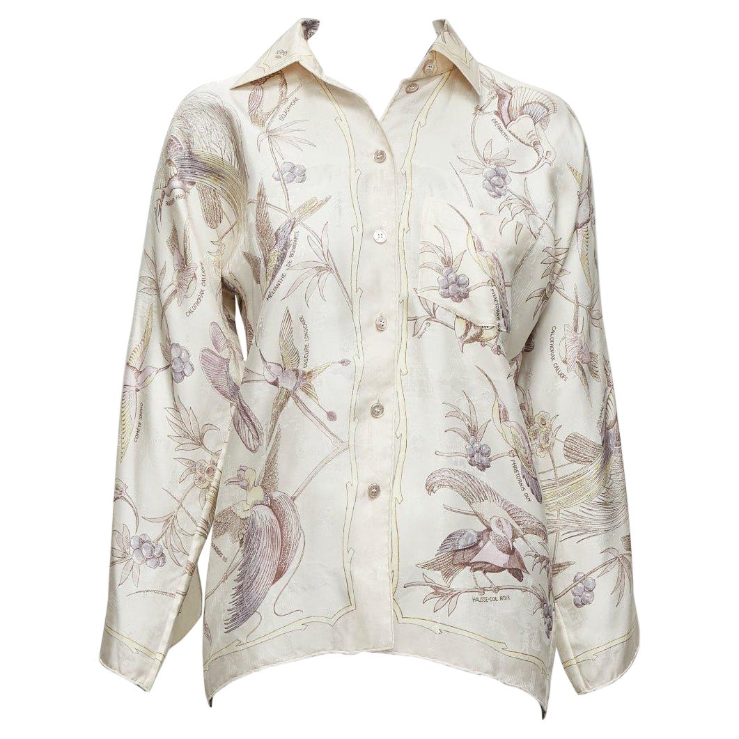 HERMES Vintage 100% silk cream bird print scarf slit sleeve kimono shirt FR34 XS For Sale