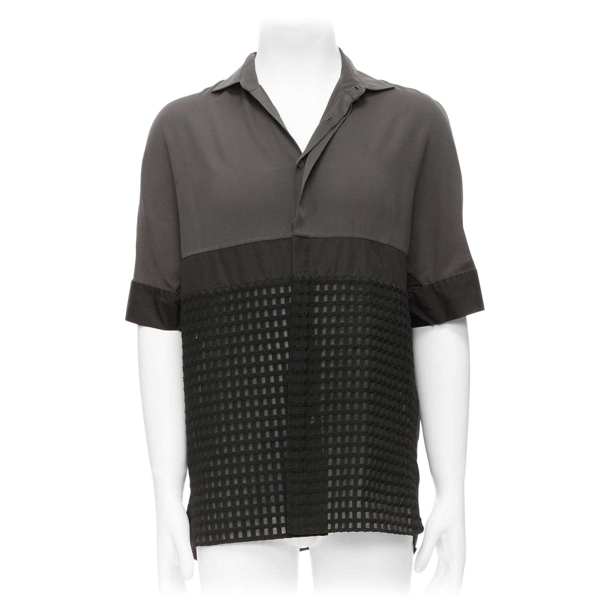LANVIN grey black silky twill mix texture short sleeves dress shirt EU38/15 S For Sale