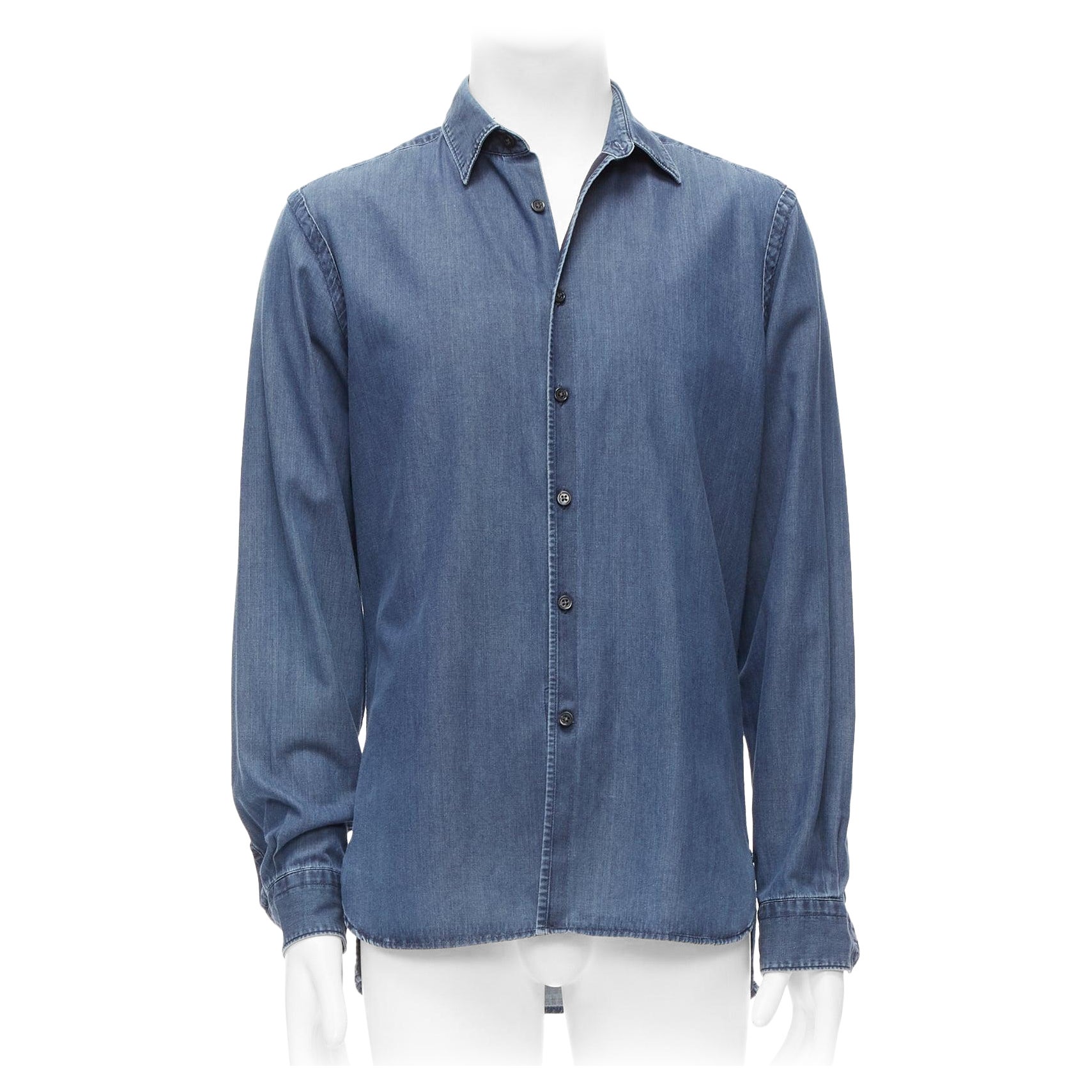 LANVIN 2011 blue cotton denim washed detail high low casual shirt M For Sale