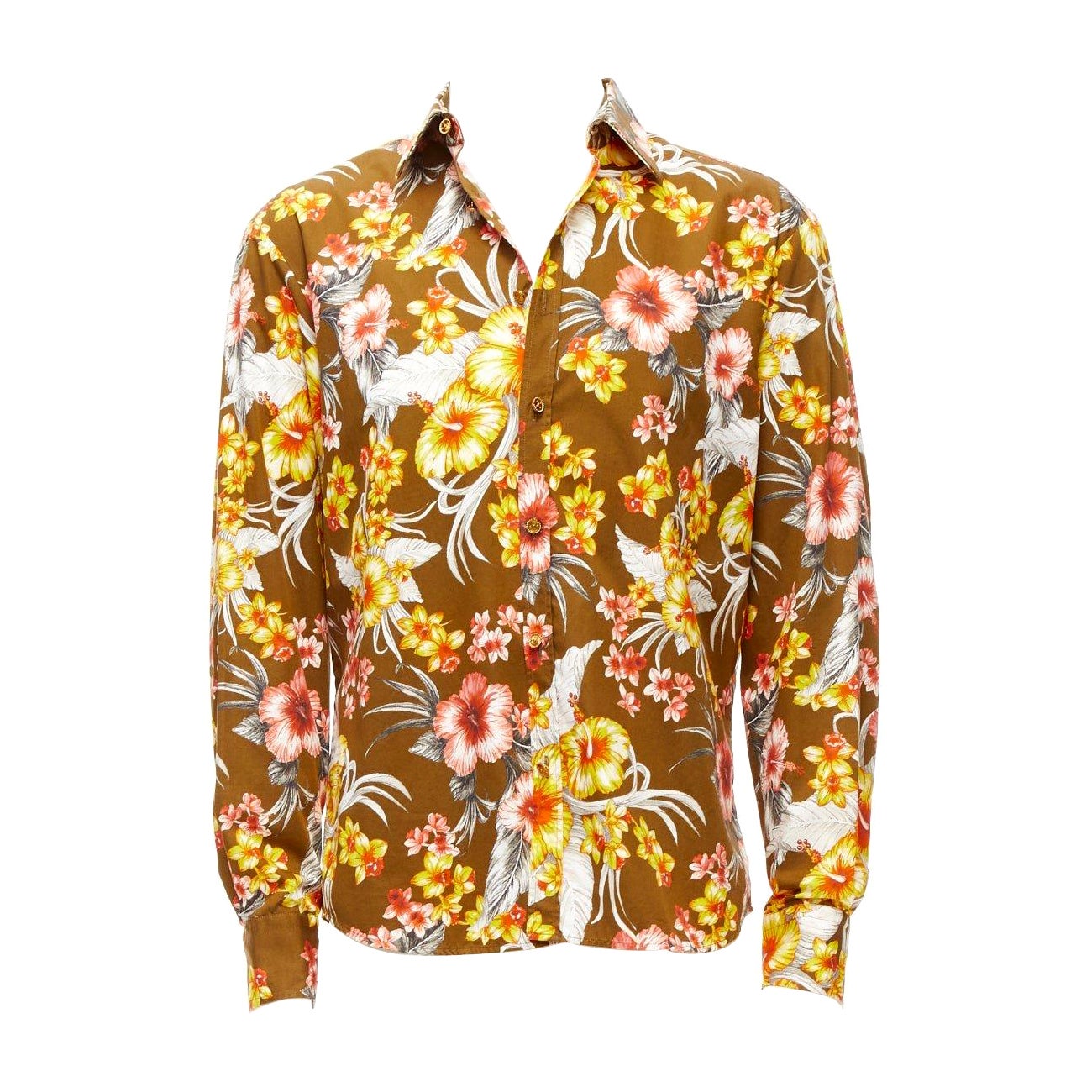 FAUSTO PUGLISI yellow khaki tropical floral  cotton gold button shirt EU48 M For Sale