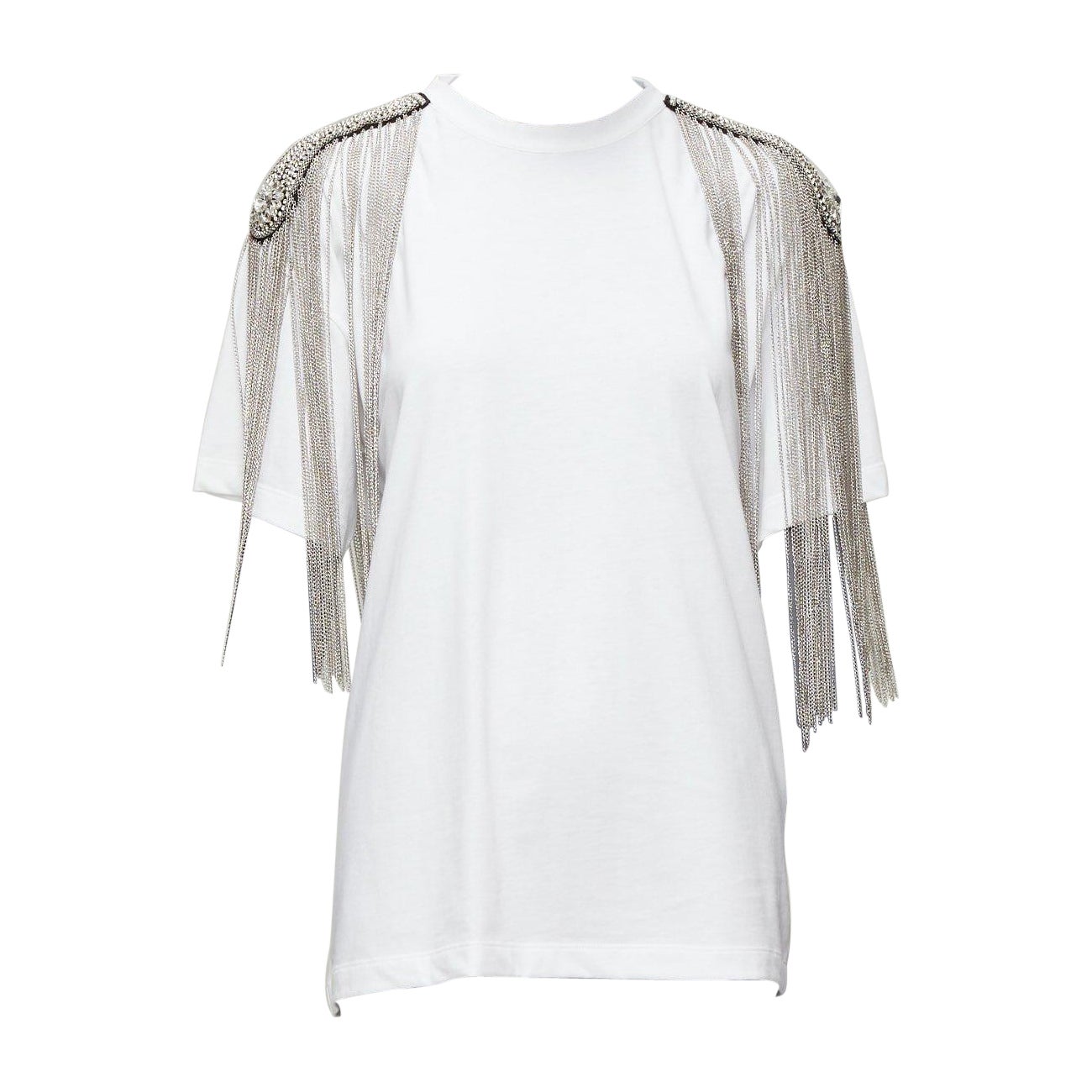 CHRISTOPHER KANE white military silver chain embellished shoulder tshirt XS For Sale