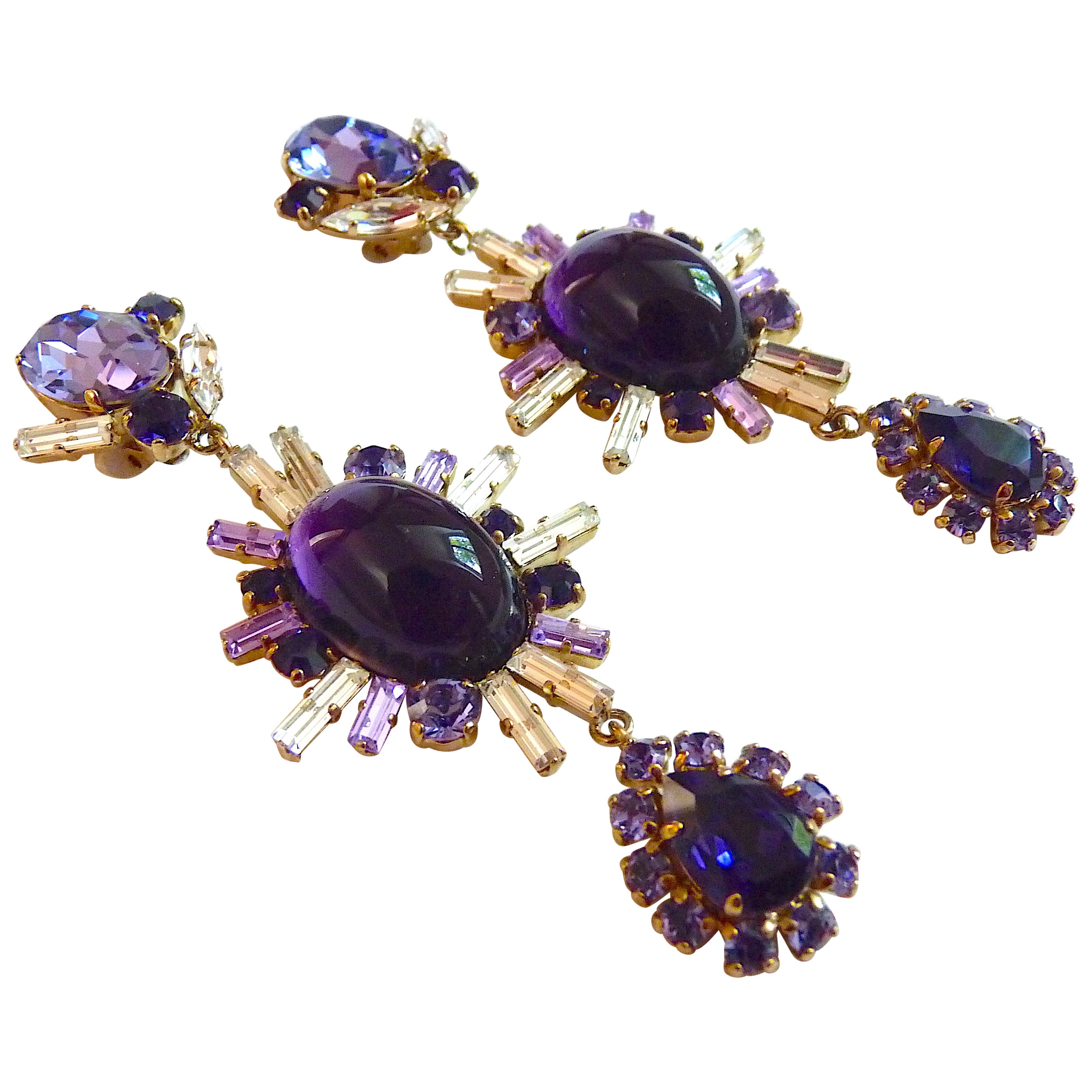 PHILIPPE FERRANDIS PARIS Very Long Purple Crystal and Poured Glass Drop Earrings For Sale