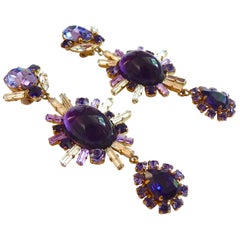 Vintage PHILIPPE FERRANDIS PARIS Very Long Purple Crystal and Poured Glass Drop Earrings