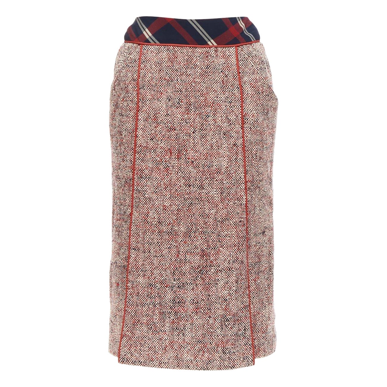 CHANEL Vintage red speckled boucle navy tartan pencil skirt FR34 XS For Sale