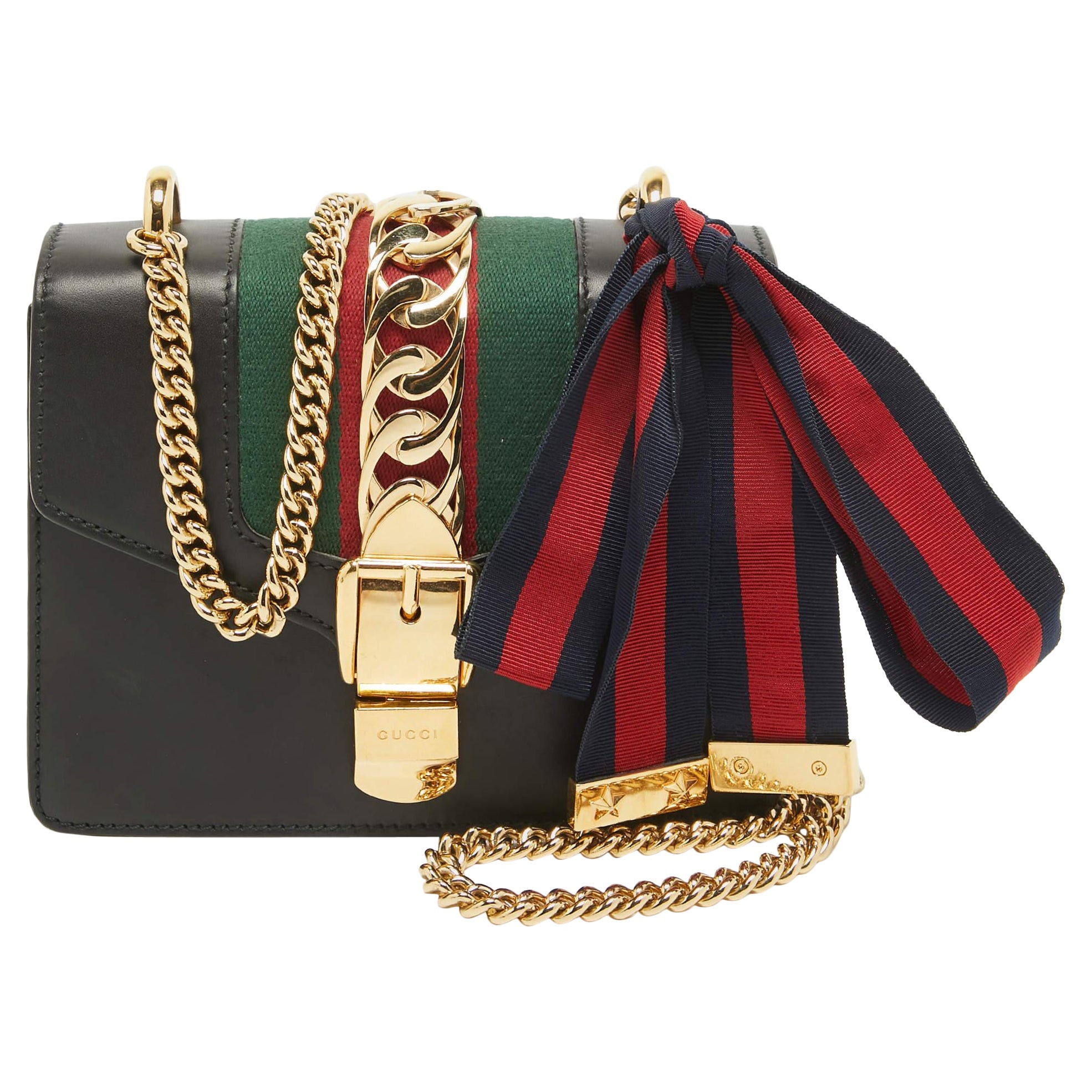 Gucci Black Leather Mini Web Chain Sylvie Crossbody Bag For Sale