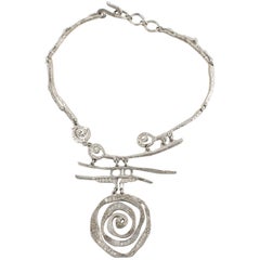 Christian Lacroix Paris Silvered Necklace with Jeweled Brutalist Medallion