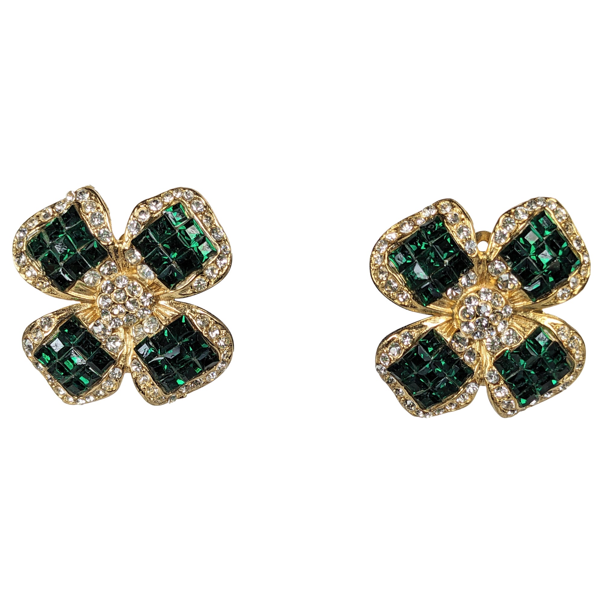 Invisibly Set Faux Emerald Flower Earrings For Sale
