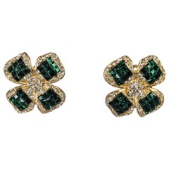 Vintage Invisibly Set Faux Emerald Flower Earrings