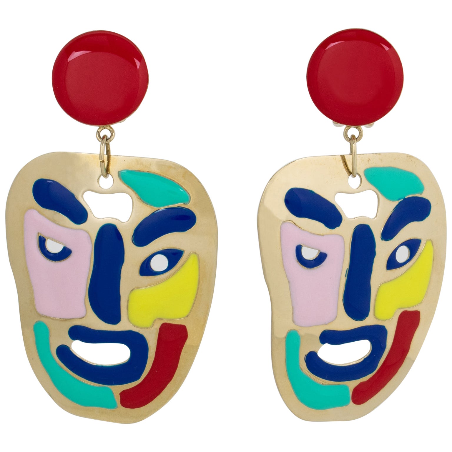 Missoni Italy Gilt Metal Clip Earrings with Multicolor Iconic Smiling Face For Sale