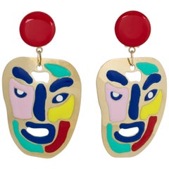 Retro Missoni Italy Gilt Metal Clip Earrings with Multicolor Iconic Smiling Face