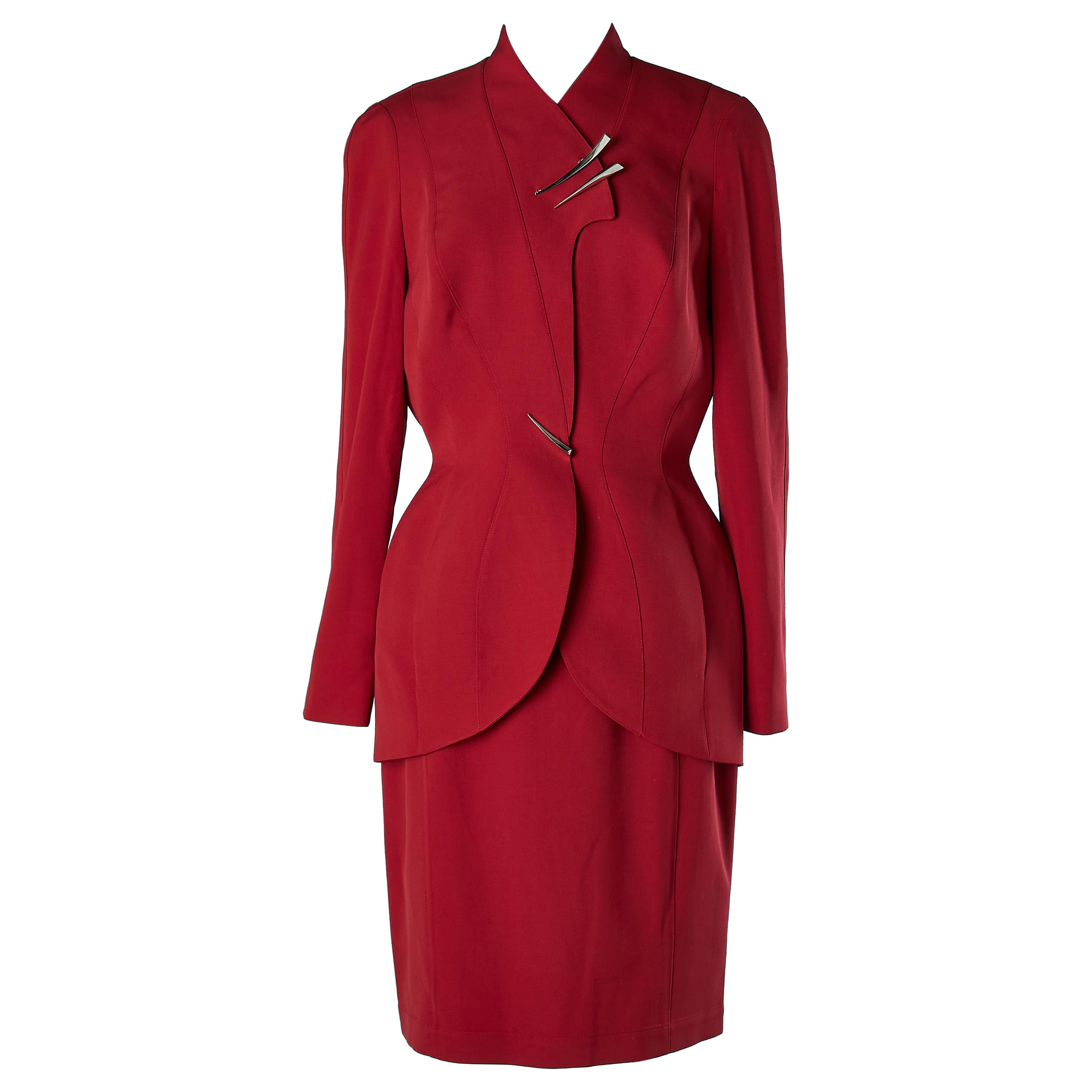 Wool burgundy skirt suit with silver claws Thierry Mugler Circa 1980's  For Sale