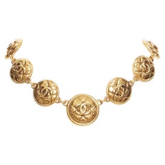 CHANEL Vintage gold CC diamond matelasse coin charm choker necklace