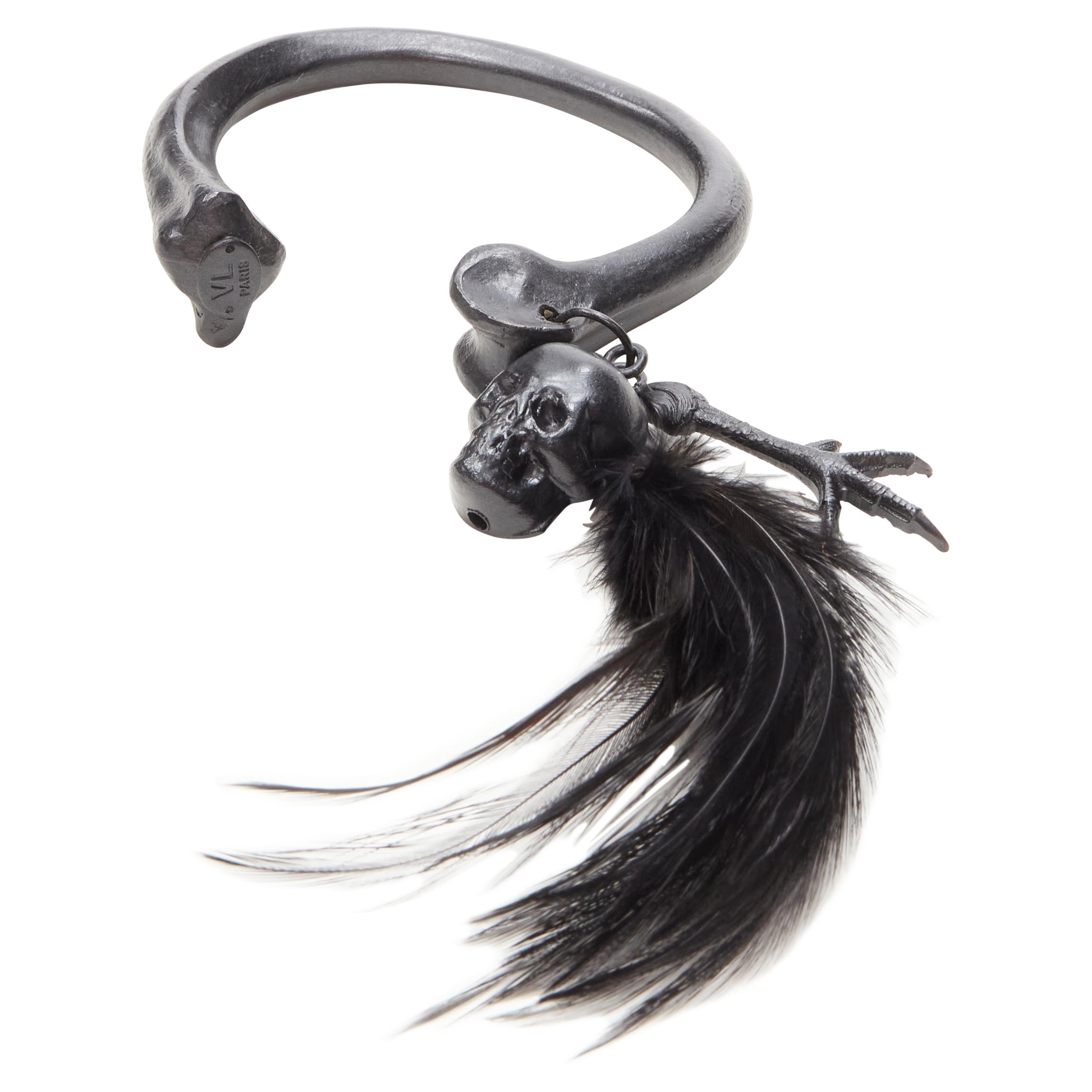 VL PARIS black metal skull raven claw feather goth bone bangle For Sale